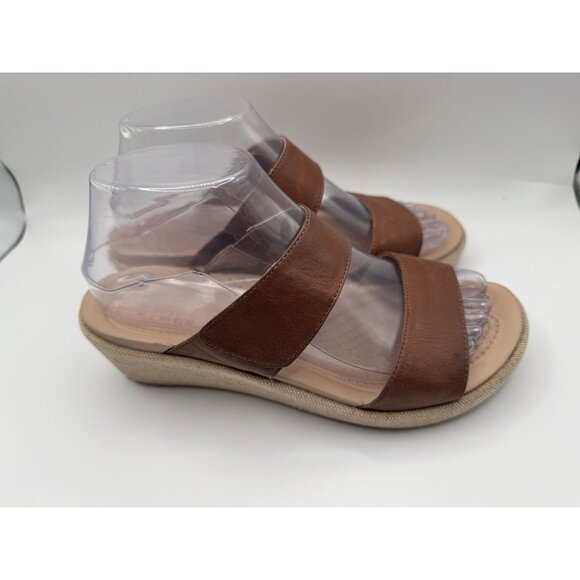 CROCS Shoes - Crocs A-Leigh Wedge Brown Leather Sandals Dual Comfort Straps Womens US Size 7